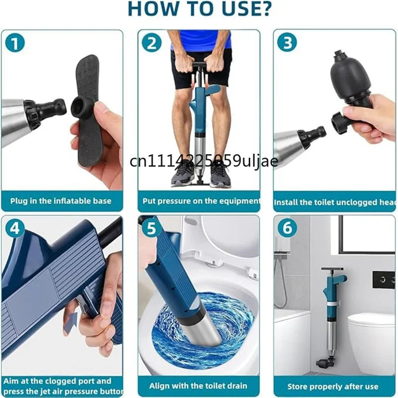 Instructions for using a high-pressure pneumatic drain unblocker with a stainless steel shaft to clear clogged pipes.