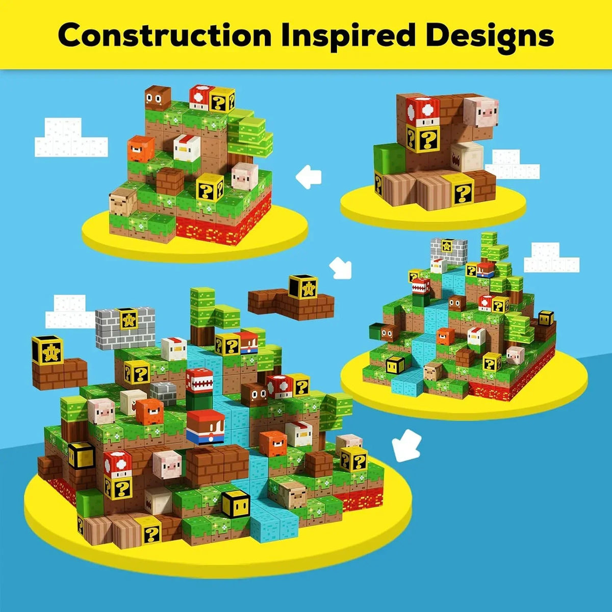 Construction inspired designs featuring magnetic building blocks in various shapes and colors.