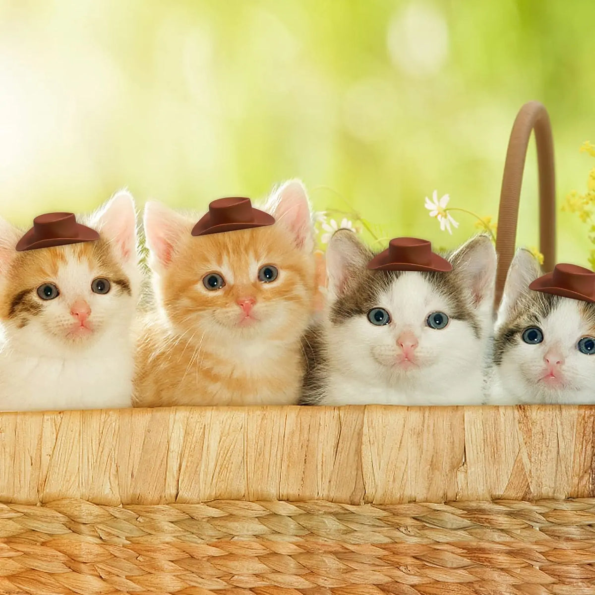 Five adorable orange and white kittens wearing miniature brown cowboy hats