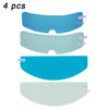 Four pieces of motorcycle helmet anti-fog and rain shield film in various shades of blue and cyan.