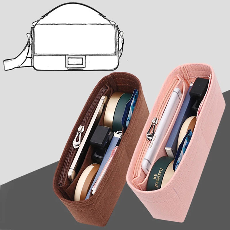 A pink felt bag organizer with multiple internal pockets and an external strap is shown.