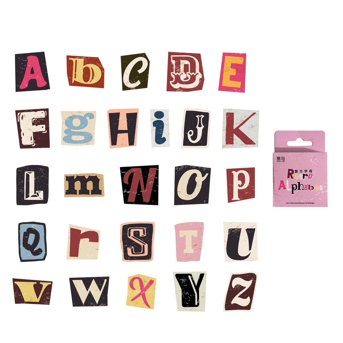 A set of vintage alphabet stickers featuring uppercase and lowercase letters from A to Z for crafting and DIY projects.