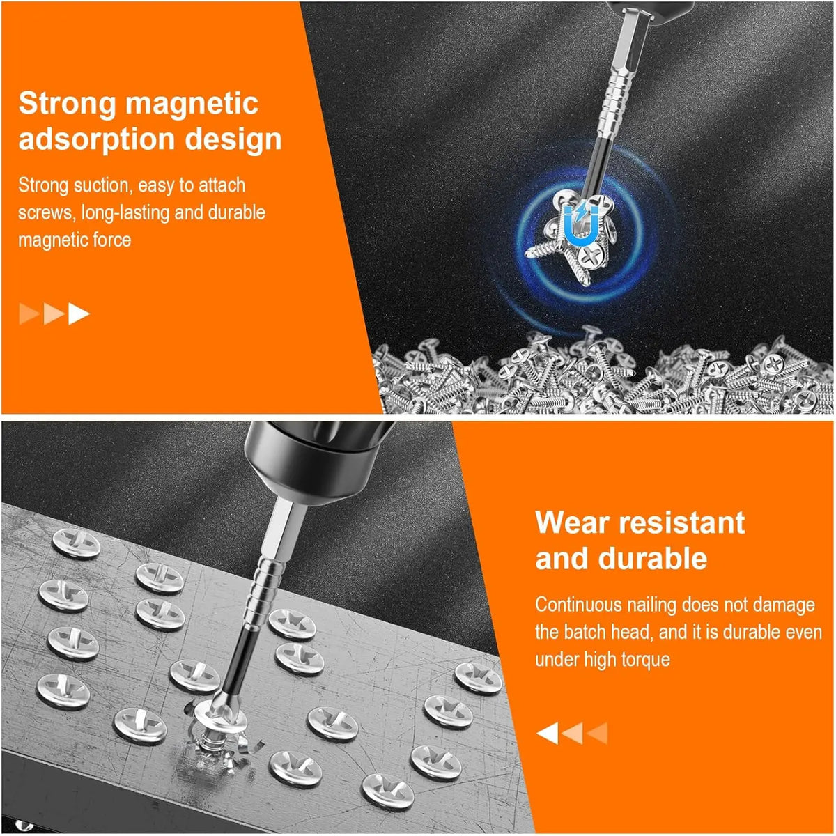 Close-up of a magnetic screwdriver bit set demonstrating strong suction and durable design for impact tools.