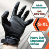 A close-up of a black heavy duty disposable glove with a diamond texture on a hand.