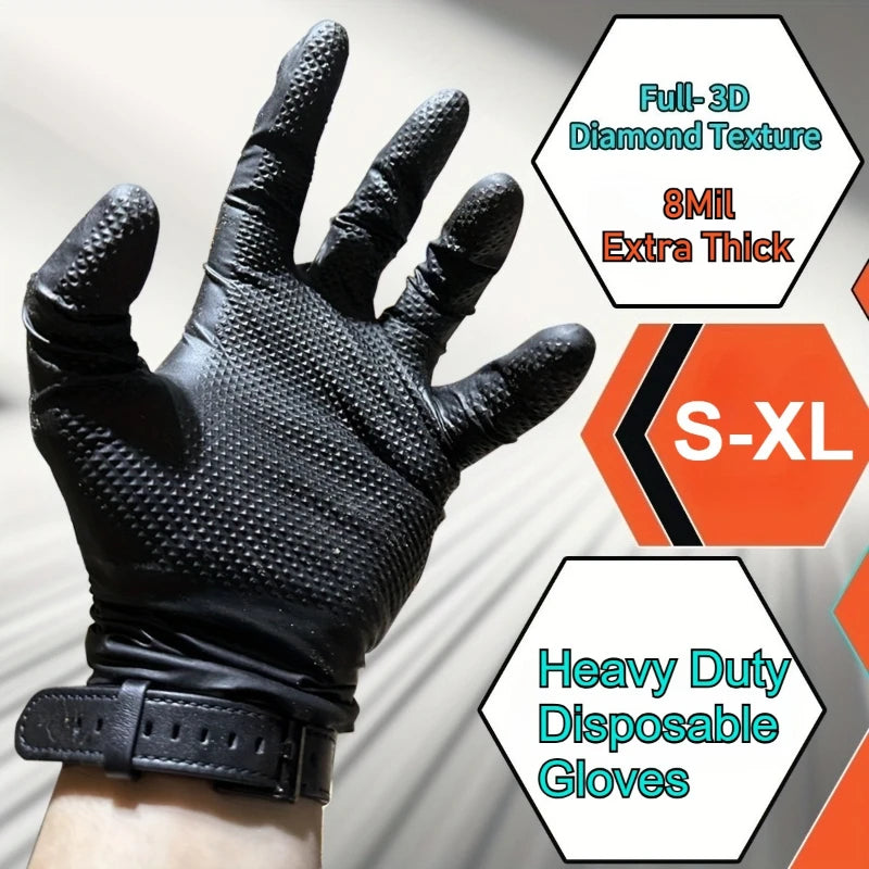 A close-up of a black heavy duty disposable glove with a diamond texture on a hand.