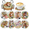 A set of diamond painting coasters featuring horses in various poses and colors, held by a metal ring.
