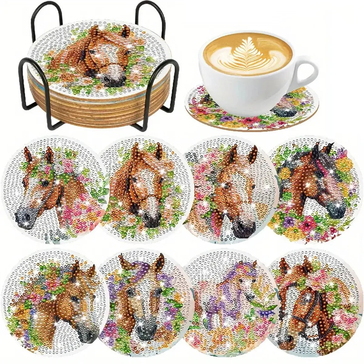 A set of diamond painting coasters featuring horses in various poses and colors, held by a metal ring.