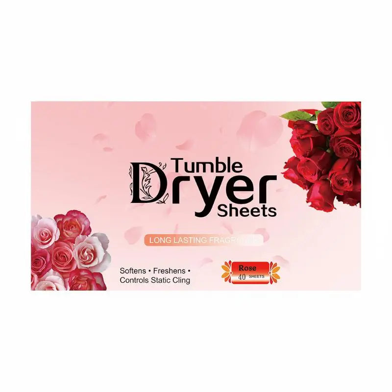 Box of Tumble Dryer Sheets in pink packaging with red roses and text describing softening and anti-static properties
