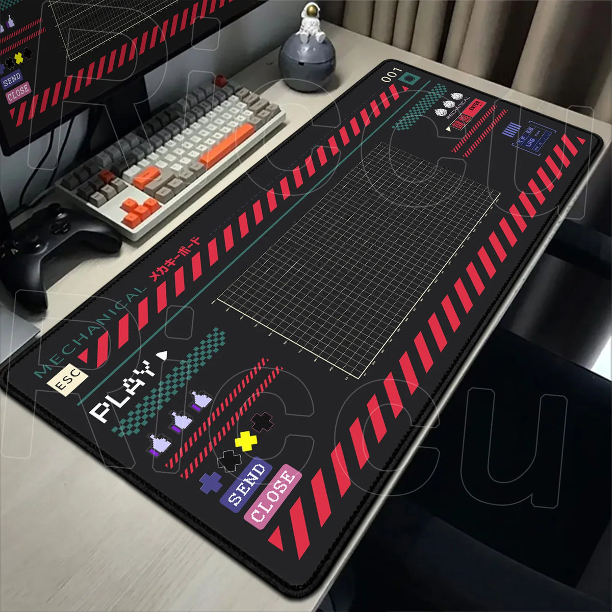 A black mechanical mouse pad featuring a grid pattern and various control buttons for gaming, resting on a wooden desk.
