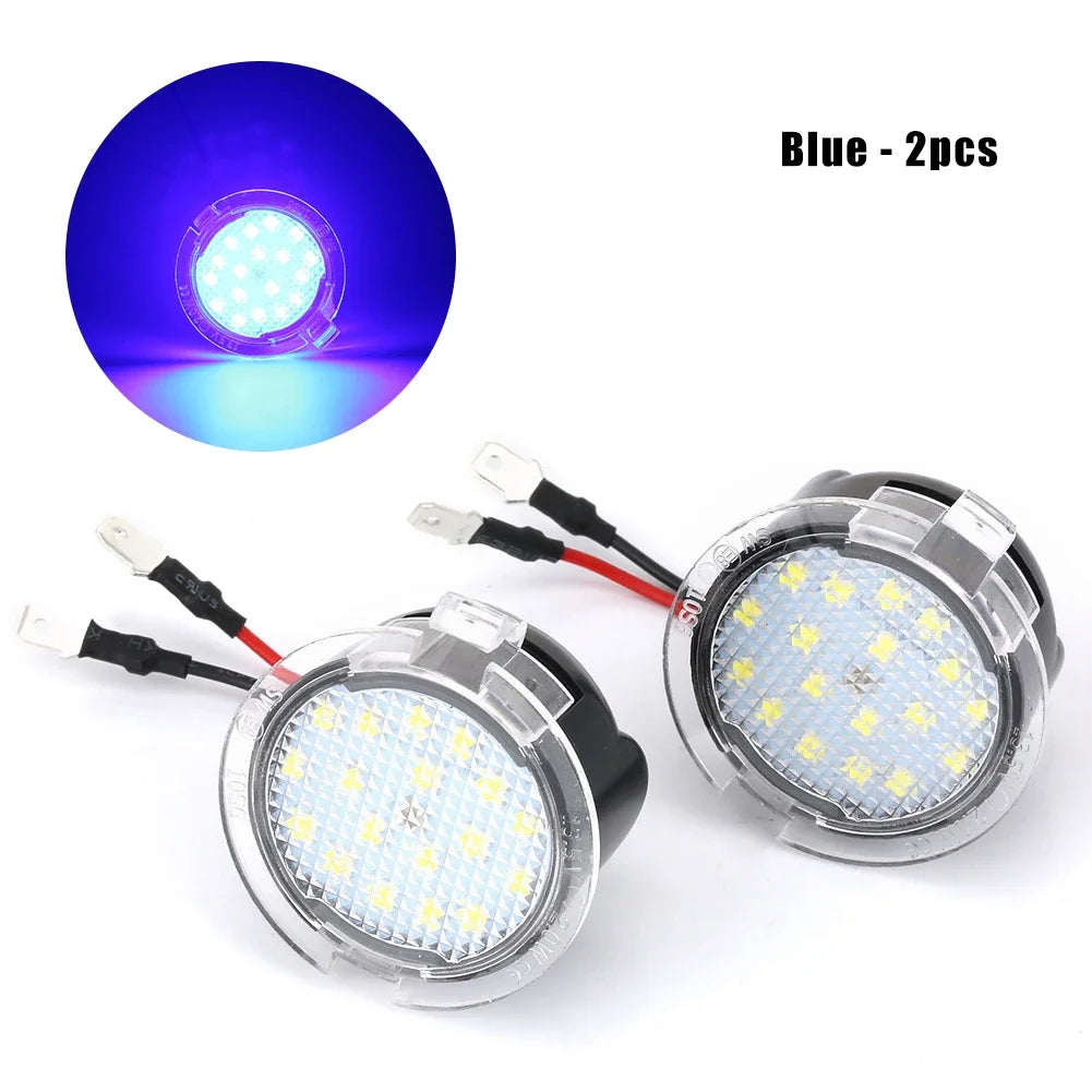 Blue 2-piece universal LED puddle light for Ford vehicles, showing the light components.