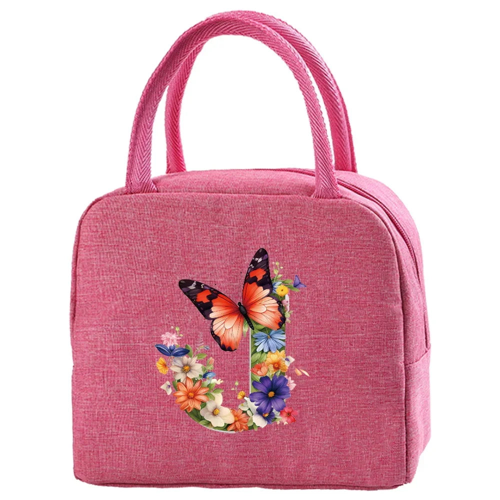 Insulated Canvas Lunch Bag with Butterfly Letter Pattern