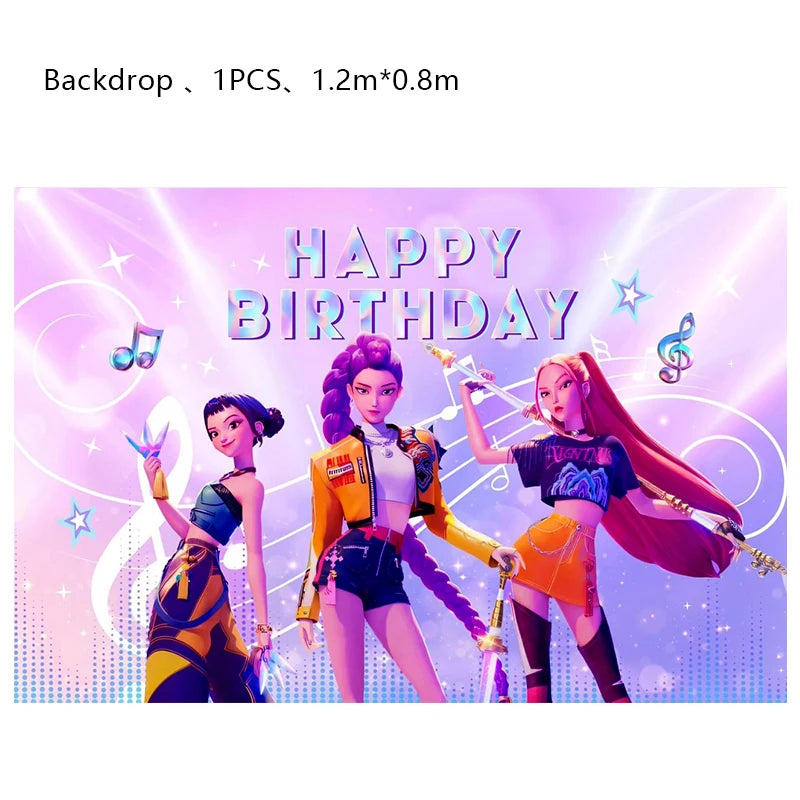 A set of music-themed birthday decorations featuring three stylized female characters in vibrant outfits against a sparkling 
