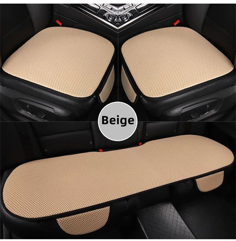 Beige breathable ice silk car seat cushion shown in various angles and sizes for universal fit