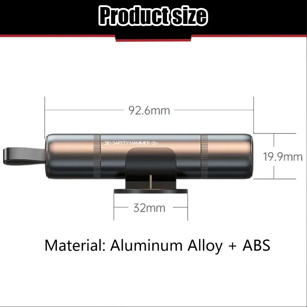 Side view of a metallic tool showing dimensions for a 2-in-1 car emergency hammer with seat belt cutter and window breaker