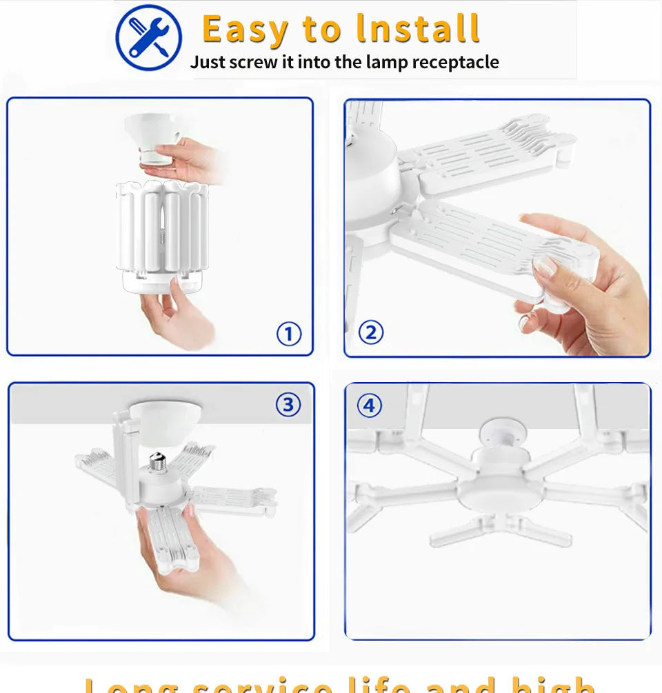 Instructions showing how to easily install an adjustable LED garage light bulb into a lamp receptacle.