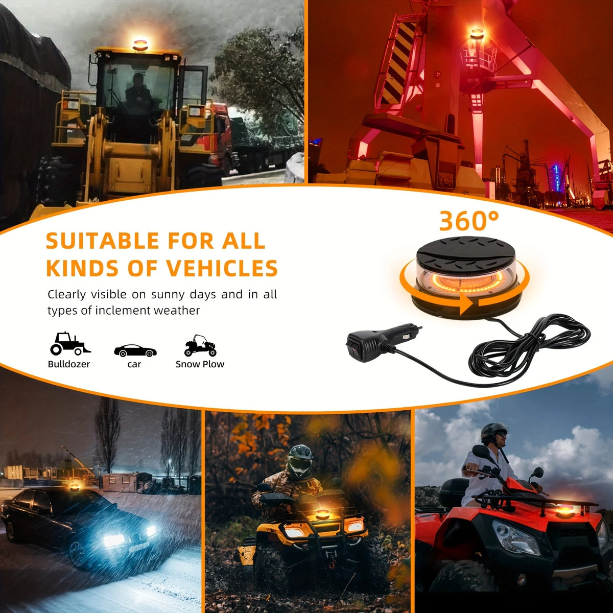 A magnetic mount LED emergency strobe light is shown in various vehicle contexts, including a bulldozer, car, and snow plow.
