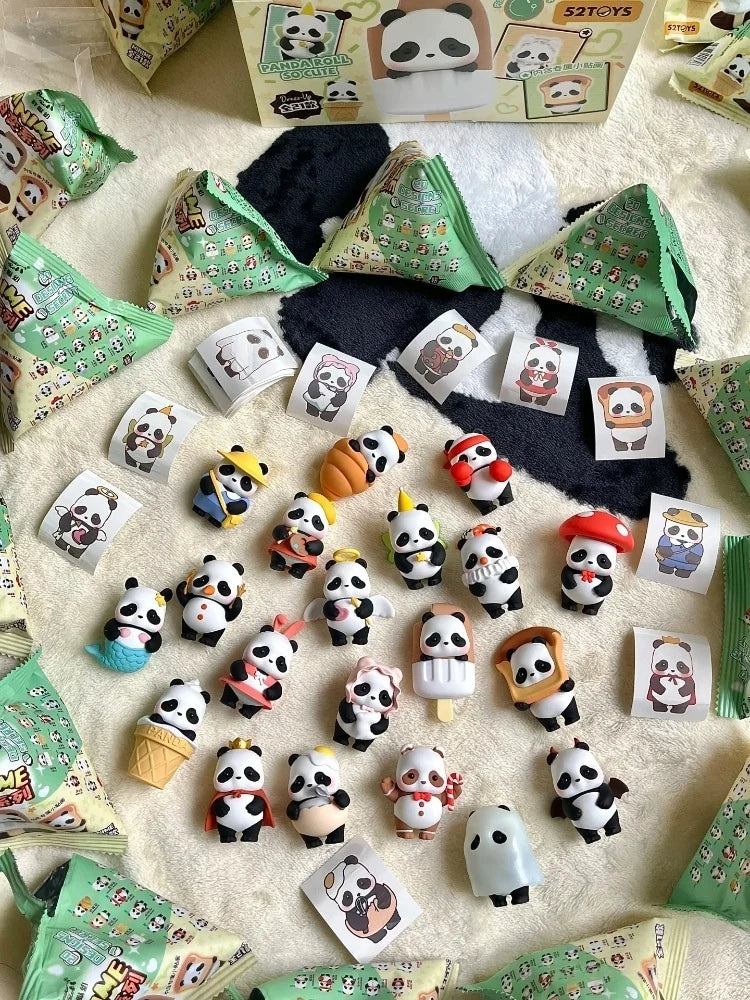 A collection of blind box panda figures in various packaging and colors displayed on a light background.