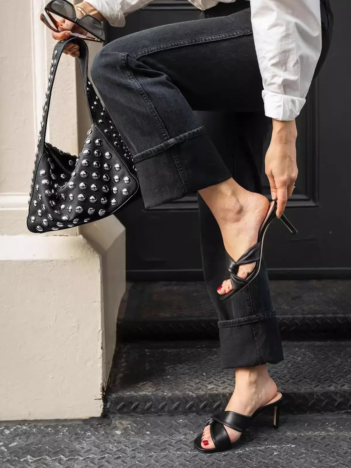 Black Rivet Shoulder Bag with Motorcycle Edge