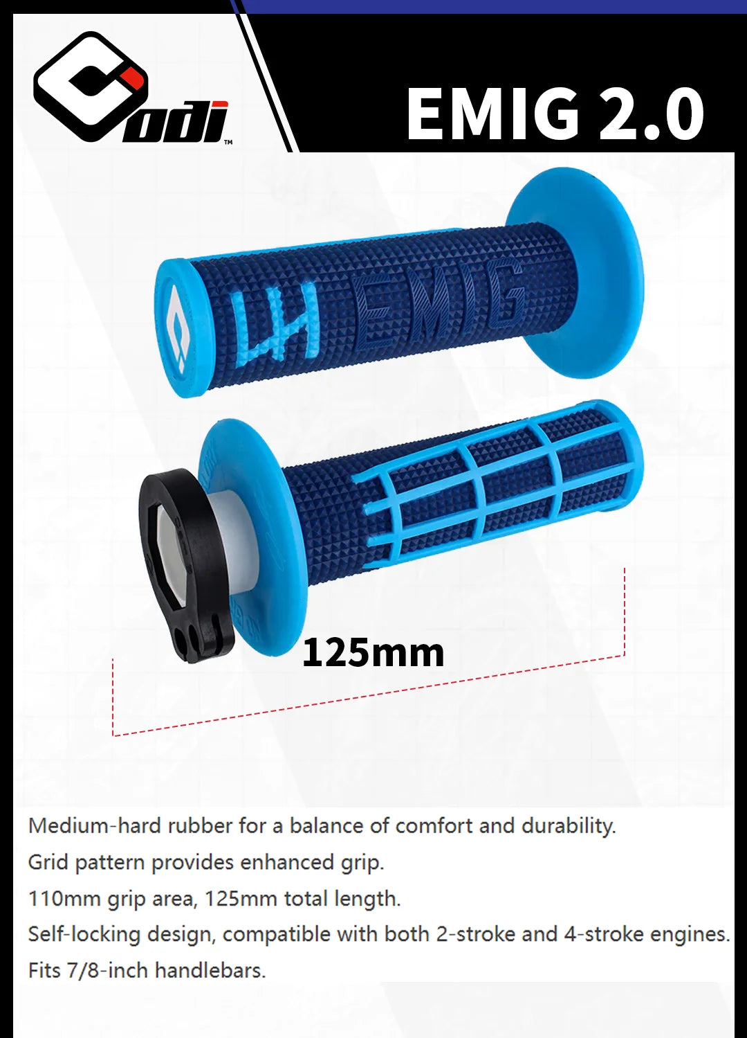 Blue rubber cam lock grips with a grid pattern for motorcycle handlebars