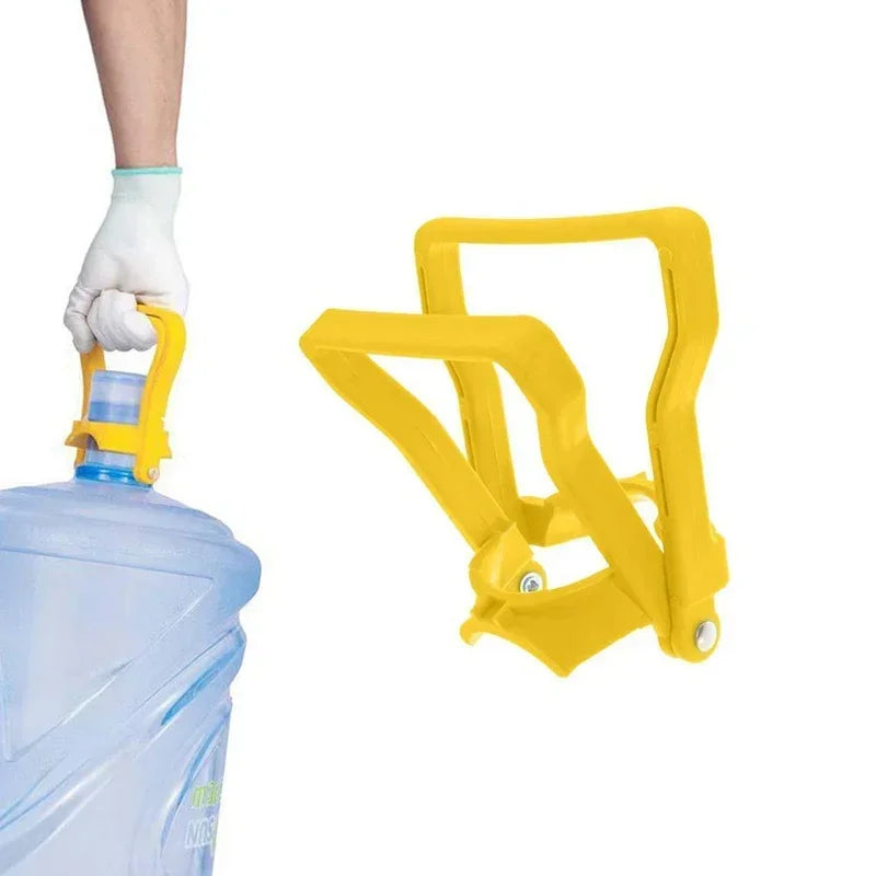 A hand wearing a white glove is holding a yellow ergonomic handle designed for carrying water buckets or bottles.