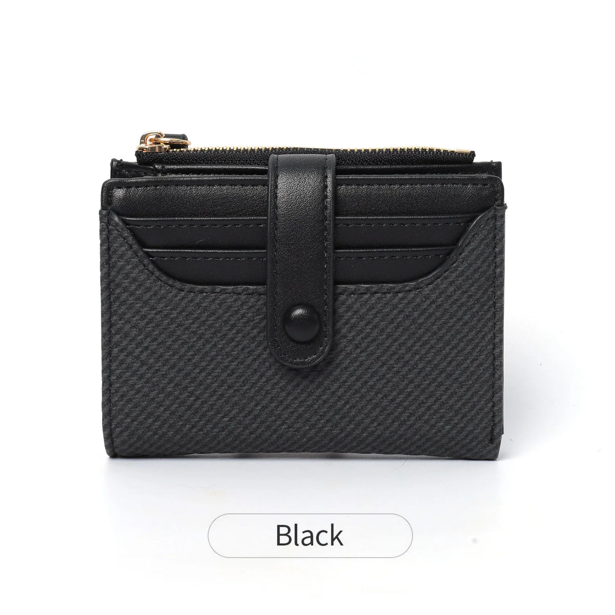 Black premium PU leather bi-fold wallet with a zippered closure and leather strap.