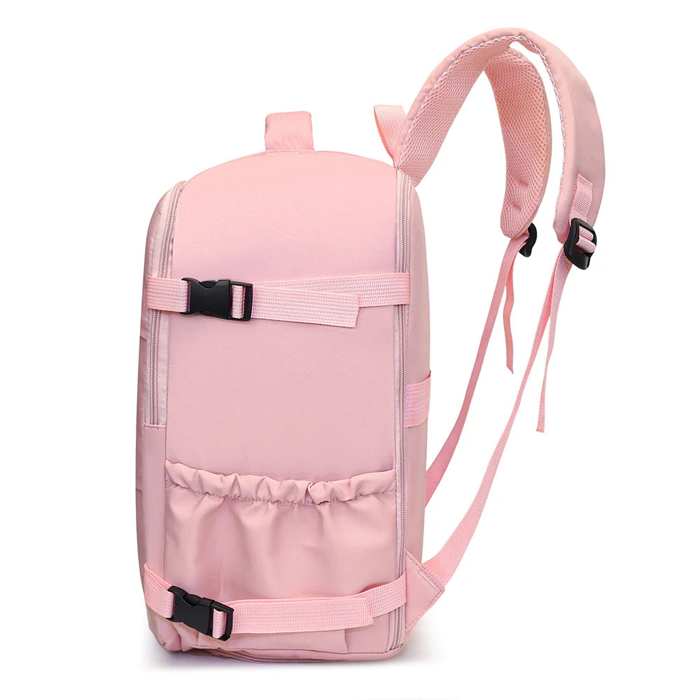 A pink compact cabin travel backpack with adjustable straps and pockets.
