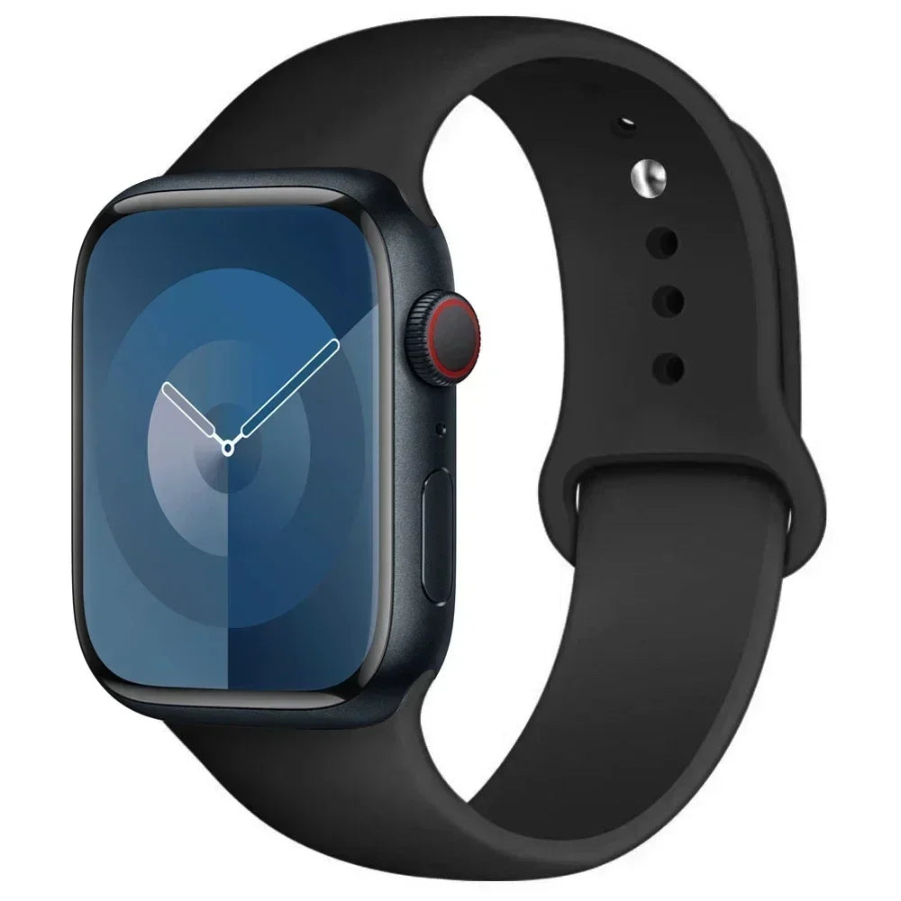 A black silicone sport band for an Apple Watch shown on a white background.