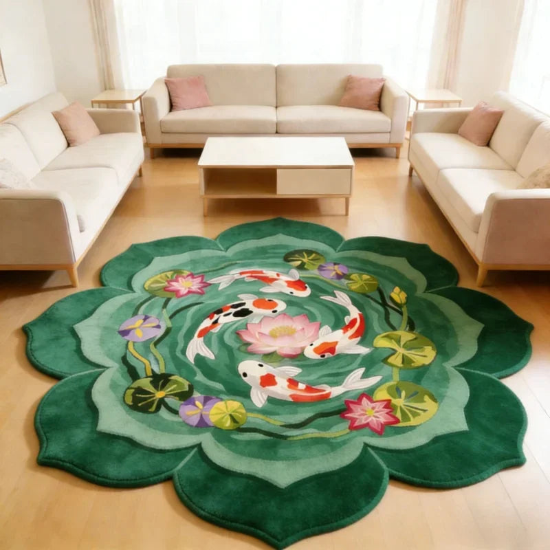 A round plush rug with a green background featuring a pattern of koi fish and pink flowers.