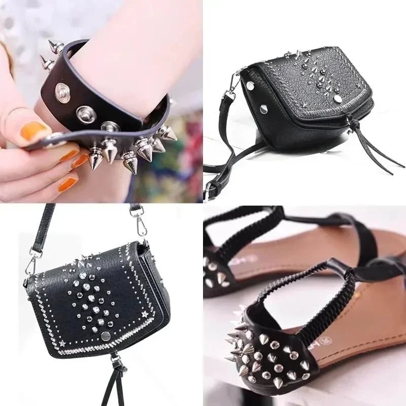 Black faux leather clutch purse decorated with silver metal spike studs and chain details