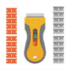 A yellow and gray razor blade scraper tool with multiple metal blades for removing adhesive, vinyl, and ceramic.