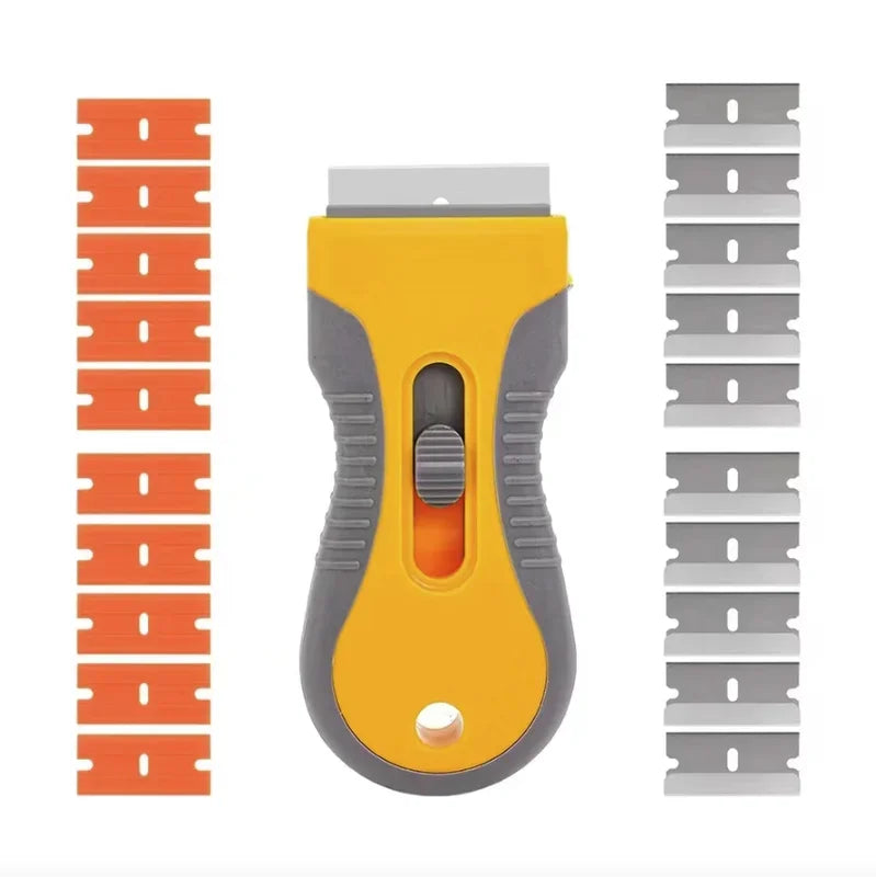 A yellow and gray razor blade scraper tool with multiple metal blades for removing adhesive, vinyl, and ceramic.