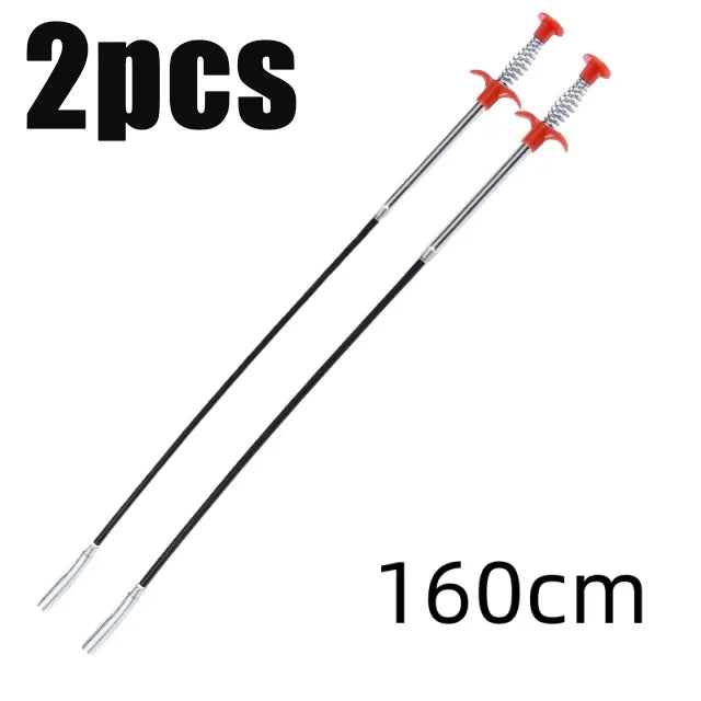 Two bendable drain augers with claw grabbers for hair and clog removal, measuring 160cm long.