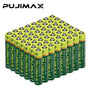 A large quantity of green and yellow heavy duty disposable AA and AAA dry cell batteries arranged in a pyramid formation.