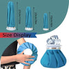 A blue reusable ice pack with a secure wrap is shown alongside various size displays and a hand demonstrating its use.