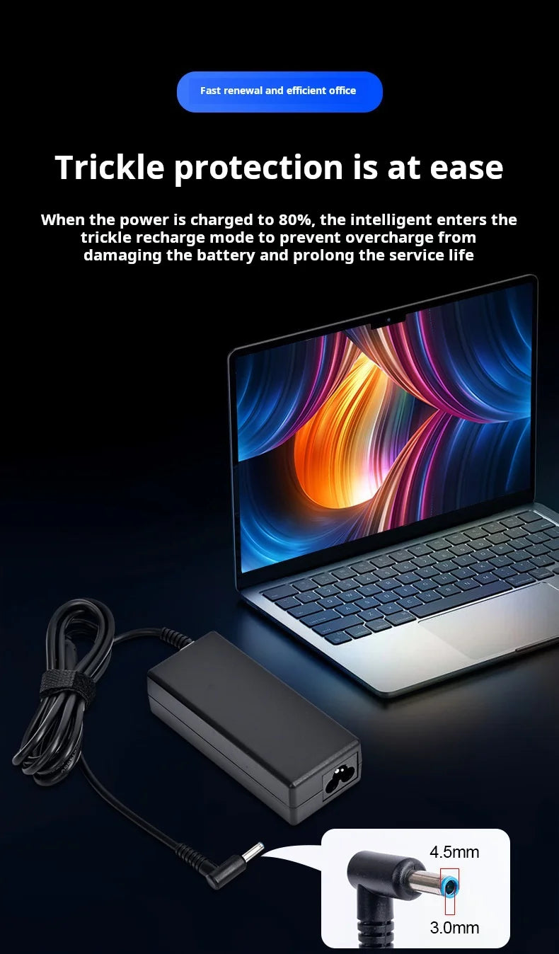 Laptop-Netzteil und Kabel neben einem Laptop, das Trittschutzfunktionen veranschaulicht.