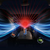 A smart car aroma diffuser projecting red laser beams onto the interior with blue light trails.