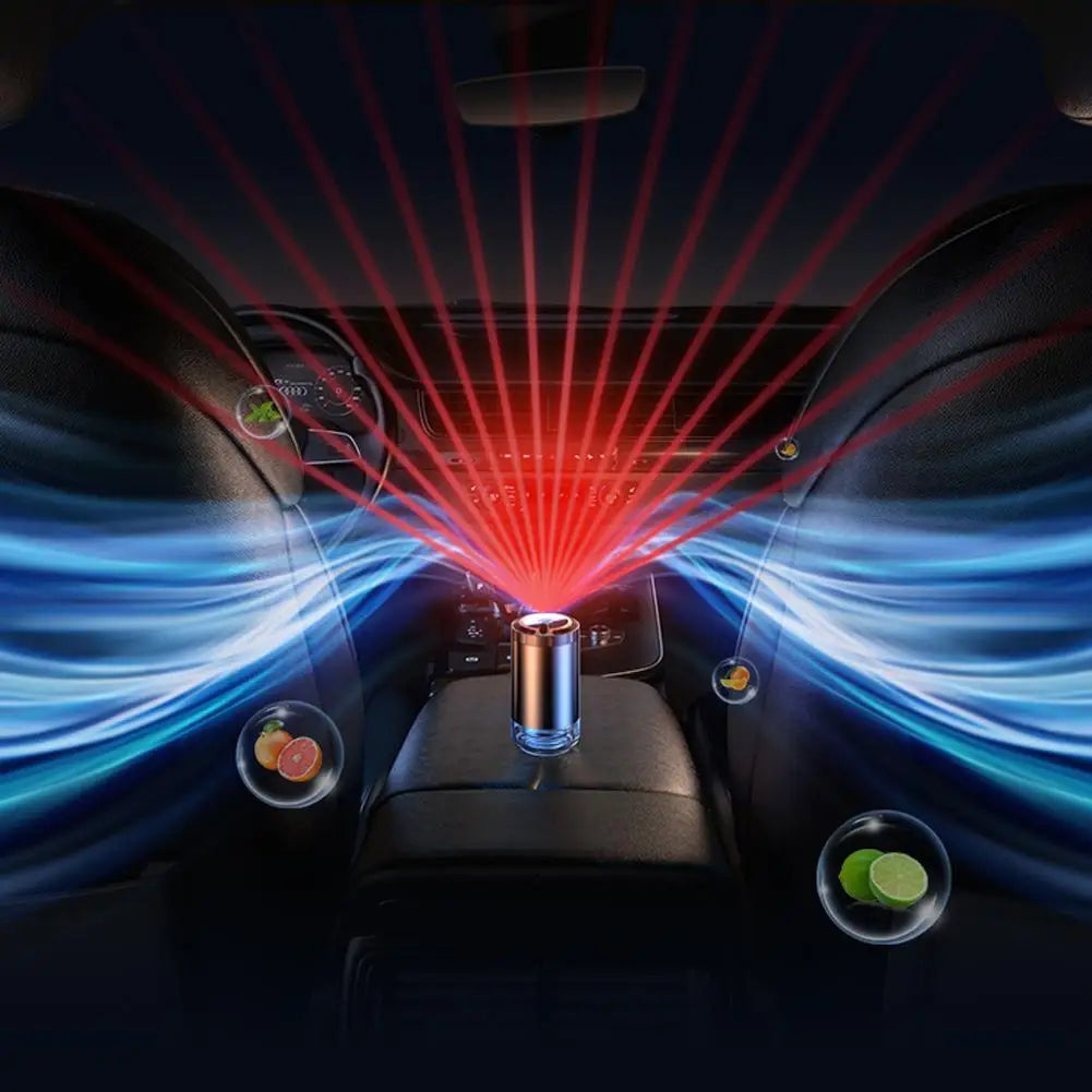 A smart car aroma diffuser projecting red laser beams onto the interior with blue light trails.
