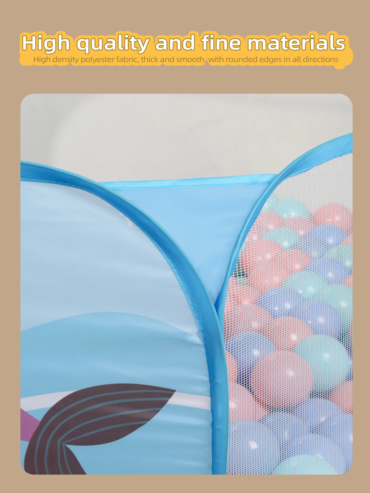 A blue and white ball pit with a mesh section showing colorful plastic balls.