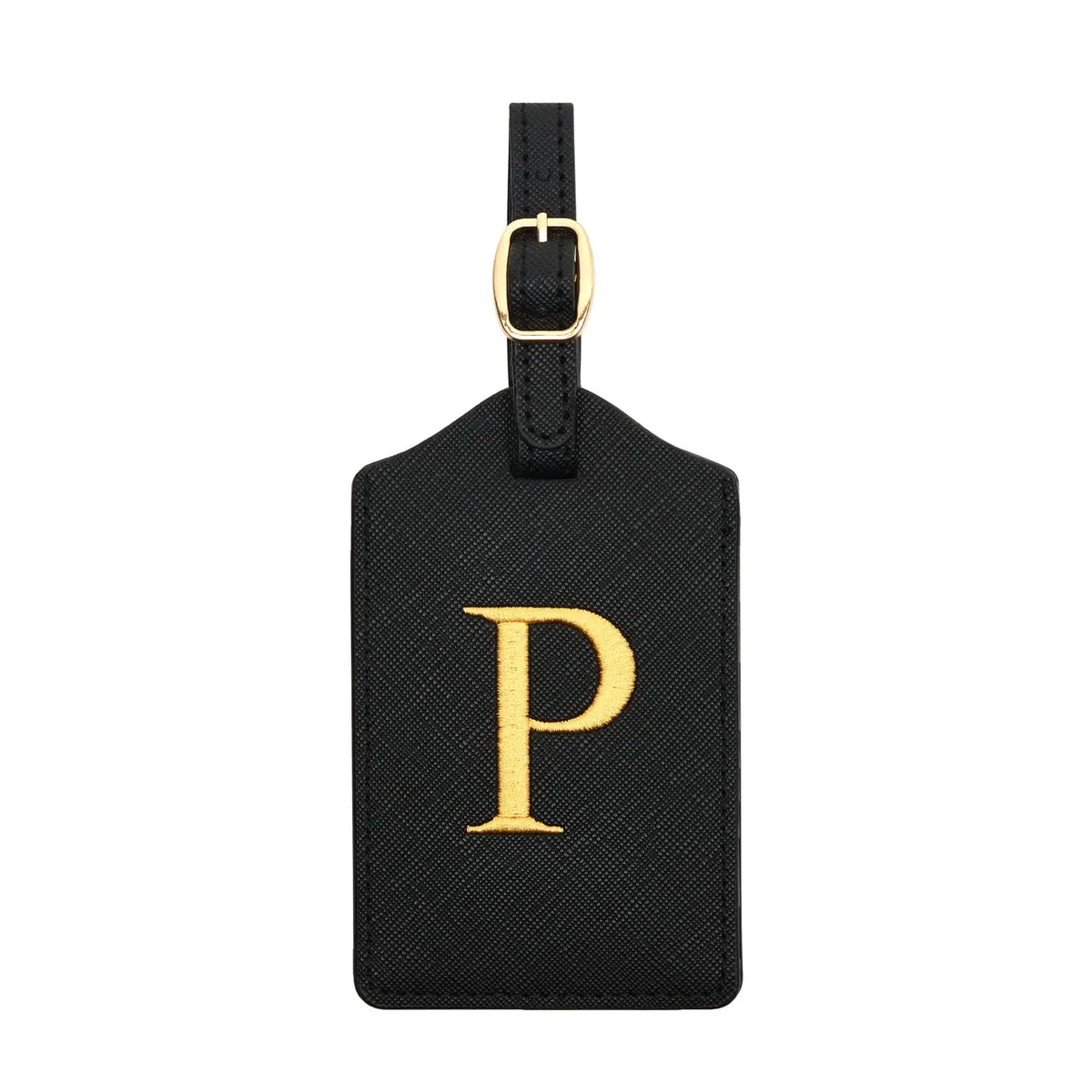 Black PU leather luggage tag with a gold letter P and a metal loop for attachment.