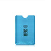 A light blue aluminum card holder with RFID protection markings.