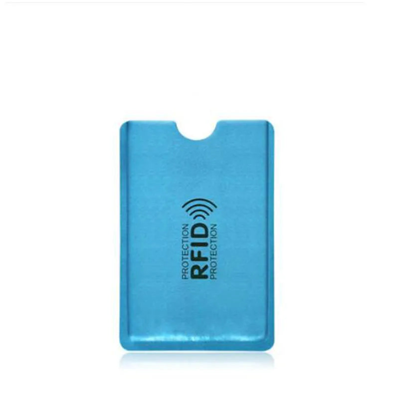 A light blue aluminum card holder with RFID protection markings.