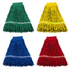 Three fringed cotton mop head replacements in green, yellow, and red.