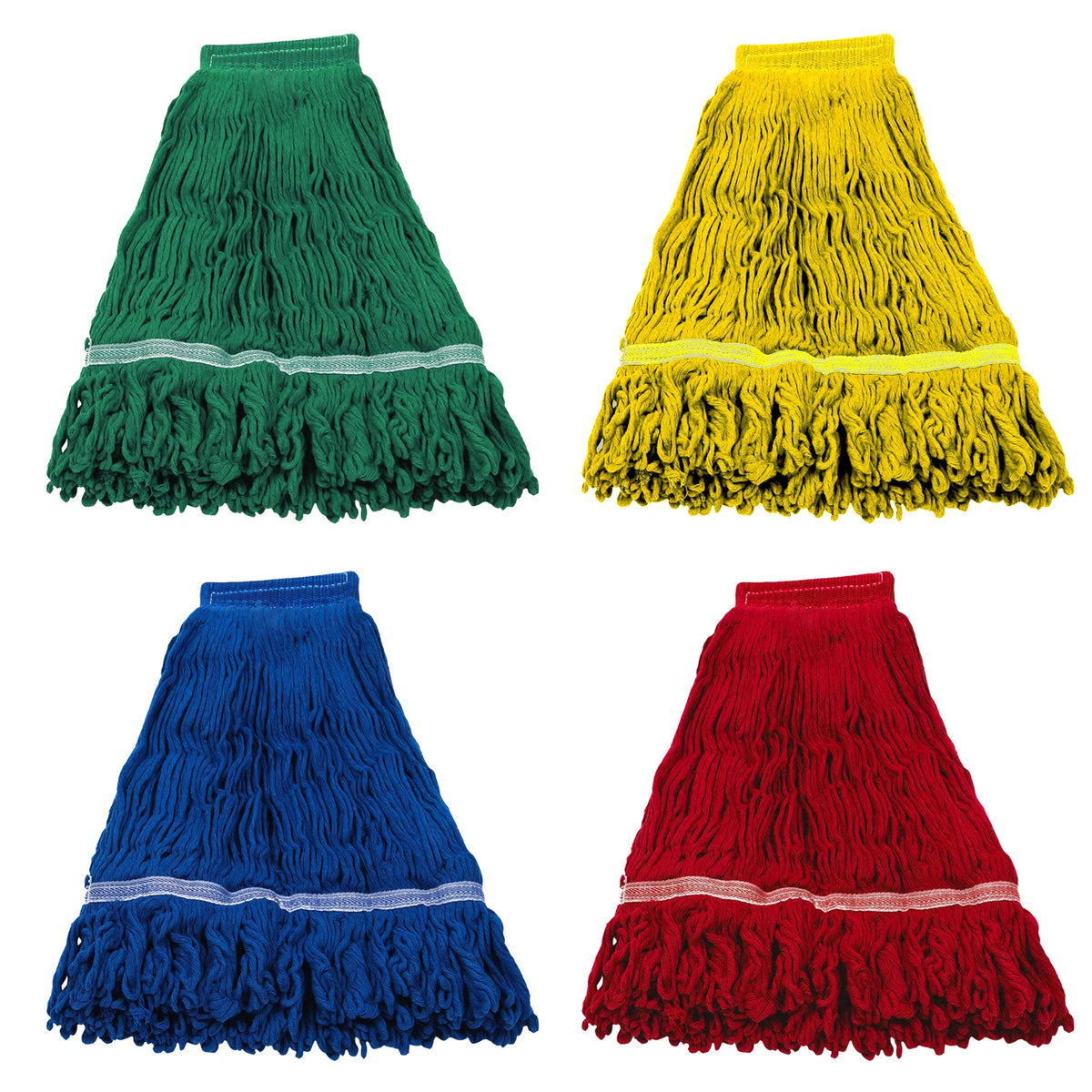 Three fringed cotton mop head replacements in green, yellow, and red.