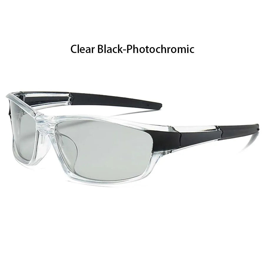 Clear black photochromic sunglasses with black frames shown from the front