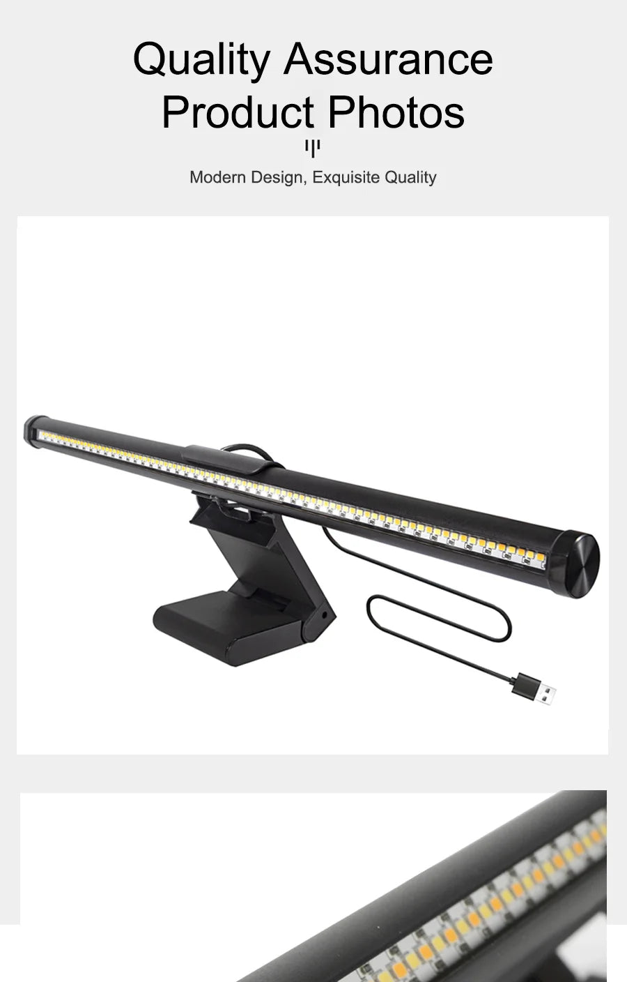 A black clip-on LED monitor light bar is shown, highlighting its design and quality assurance.