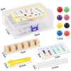 A set of wooden bead sorting game components including a clear container, test tubes, and various colored beads.