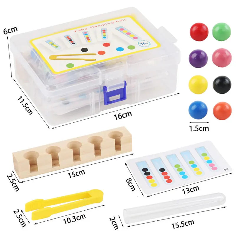 A set of wooden bead sorting game components including a clear container, test tubes, and various colored beads.