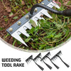 A close-up of a black carbon steel weeding tool rake being used in soil to remove weeds.