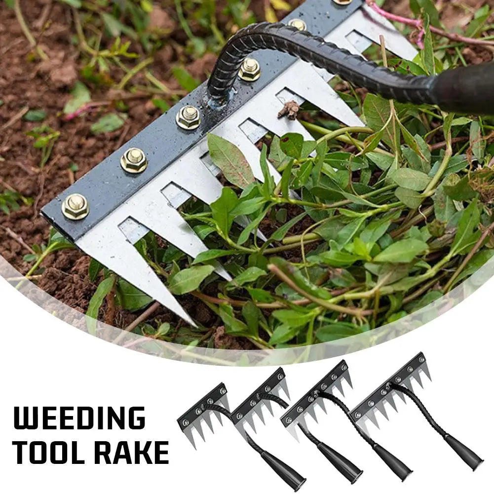 A close-up of a black carbon steel weeding tool rake being used in soil to remove weeds.