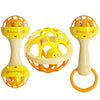 A set of orange and yellow baby sensory spinning rattle toys with light-colored handles.